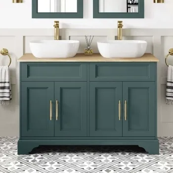 Lucia Midnight Green Double Vanity with Oak Effect Top & Curved Counter Top Basin 1200mm - Brass Knurled Handles