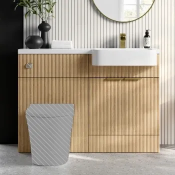 Sicily Fluted Country Oak Basin Vanity and Back To Wall Toilet Unit 1200mm (Excludes Toilet) - Brushed Brass Accents - Right Handed