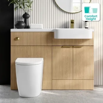 Sicily Fluted Country Oak Combination Vanity Basin and Utah Comfort Height Toilet 1200mm - Brushed Brass Accents - Right Handed