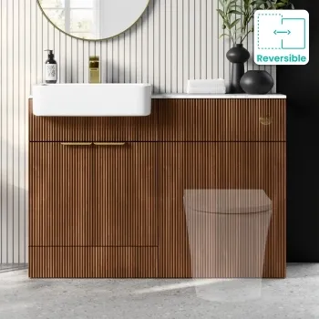 Sicily Fluted Black Walnut Vanity with Marble Top & Back To Wall Unit 1200mm (Excludes Toilet) - Brushed Brass Accents