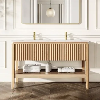 Maru Oak Wood Grain Vanity Unit & Matt White Double Stone Basin 1400mm