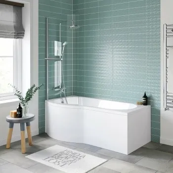 P Shaped 1600 Shower Bath with Front Panel & 4mm Screen with Rail - Left Handed