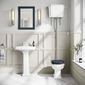 Hudson Traditional High-Level Toilet With Inky Blue Seat & Pedestal Basin - Double Tap Hole