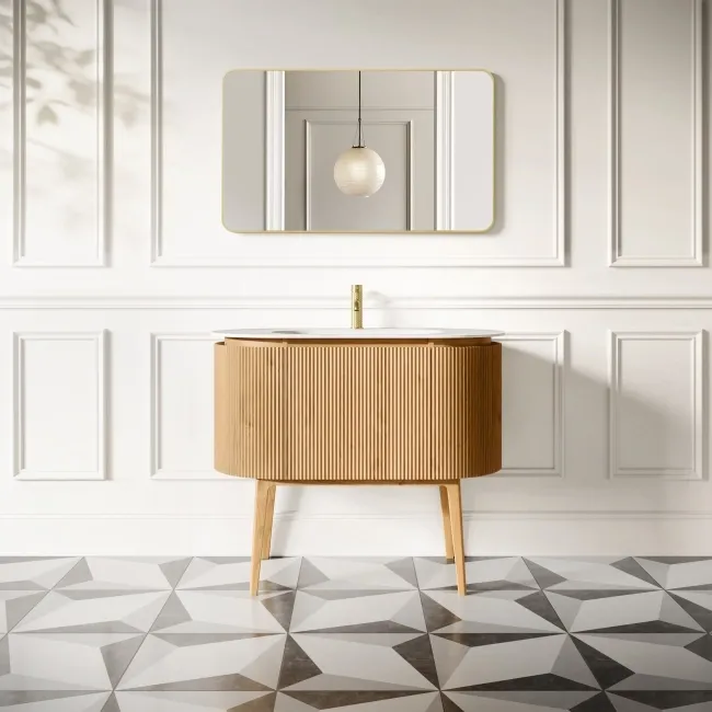 Positano Natural Oak Curved Vanity Unit & Matt White Stone Basin 1000mm