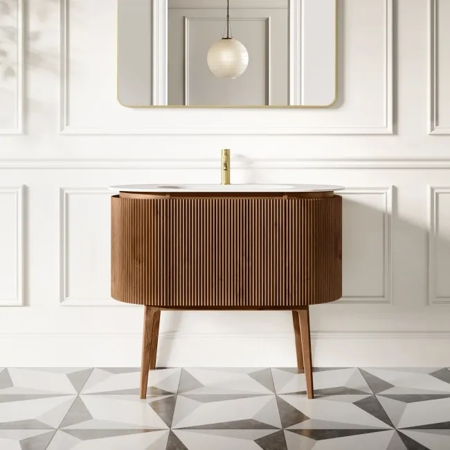 Positano Natural Walnut Curved Vanity Unit & Matt White Stone Basin 1000mm