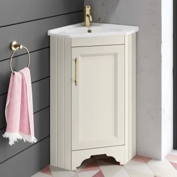 Lucia Chalk White Corner Basin Vanity 400mm - Brass Knurled Handle