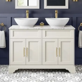 Lucia Chalk White Double Vanity with Marble Top & Oval Counter Top Basin 1200mm - Brass Knurled Handles