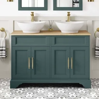 Lucia Midnight Green Double Vanity with Oak Effect Top & Oval Counter Top Basin 1200mm - Brass Knurled Handles