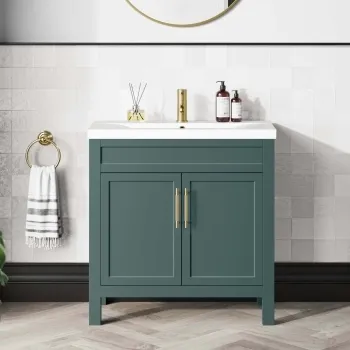 Bermuda Midnight Green Basin Vanity 800mm - Brass Knurled Handles