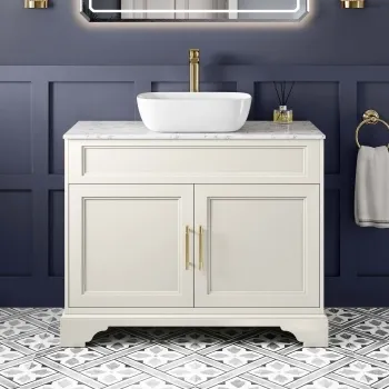 Lucia Chalk White Vanity with Marble Top & Curved Counter Top Basin 1030mm - Brass Knurled Handles