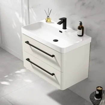 Omaha Linen White Wall Hung Basin Drawer Vanity 800mm - Black Accents