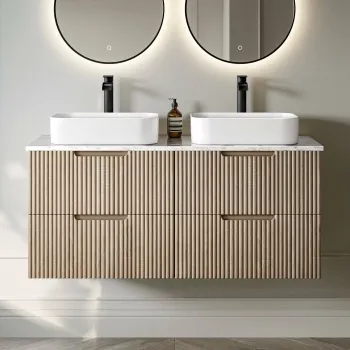 Crete Fluted Apex Oak Double Wall Hung Drawer Vanity with Marble Top & Marin Basin 1200mm