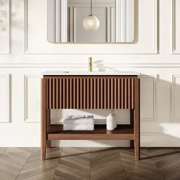 Maru Walnut Wood Grain Vanity Unit & Matt White Stone Basin 1000mm
