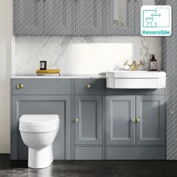 Monaco Dove Grey Combination Vanity Traditional Basin with Marble Top and Seattle Toilet 1500mm - Brushed Brass Accents