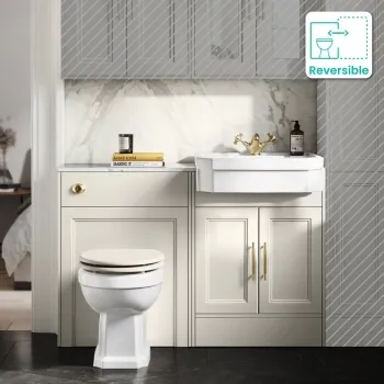 Monaco Chalk White Combination Vanity Traditional Basin with Marble Top & Hudson Toilet with Wooden Seat 1200mm - Brass Knurled Handles