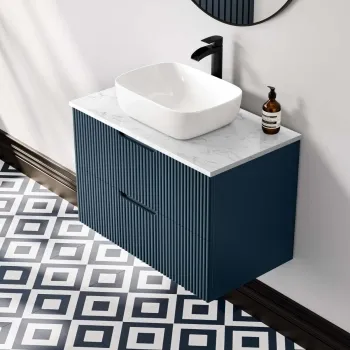 Crete Fluted Navy Blue Wall Hung Drawer Vanity with Marble Top & Curved Basin 800mm
