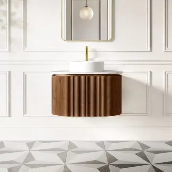 Positano Natural Walnut Curved Wall Hung Vanity Drawer with Carrara Marble Top 800mm - Basin Not Included