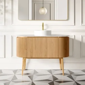 Positano Natural Oak Curved Vanity Unit with Carrara Marble Top 1200mm - Basin Not Included