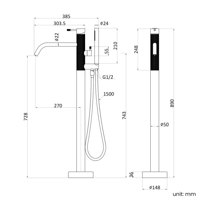 Suir Brushed Nickel Freestanding Bath Shower Mixer Tap with Knurled Detailing