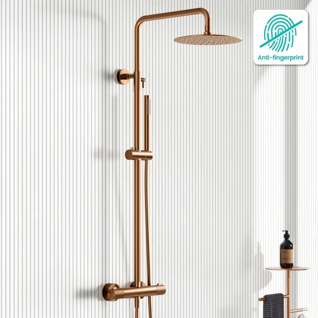 Suir Premium Brushed Copper Round Thermostatic Shower Set with Knurled Detailing