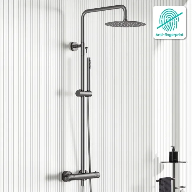 Suir Premium Brushed Gunmetal Round Thermostatic Shower Set with Knurled Detailing