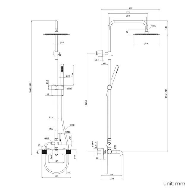 Suir Premium Round Chrome Thermostatic Bath Filler Shower Set with Knurled Detailing