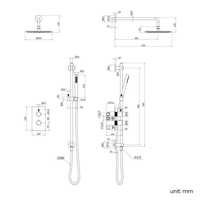 Suir Premium Brushed Copper Round Thermostatic Shower Set with Knurled Detailing
