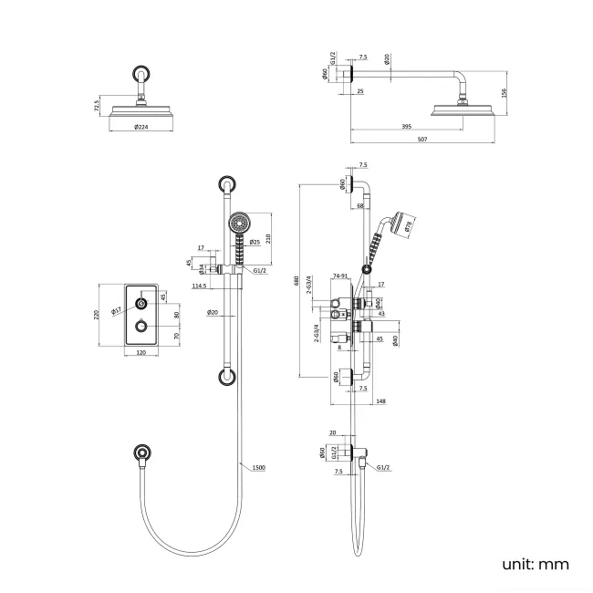 Corrib Premium Brushed Gunmetal Round Thermostatic Shower Set