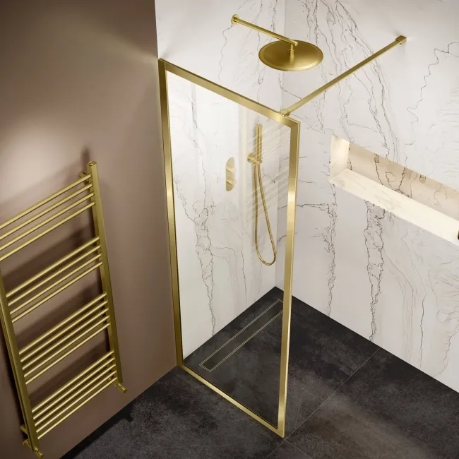 Antwerp Brushed Brass Framed Easy Clean 8mm Wet Room Shower Glass Panel 800mm