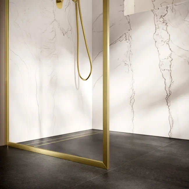 Antwerp Brushed Brass Framed Easy Clean 8mm Wet Room Shower Glass Panel 800mm
