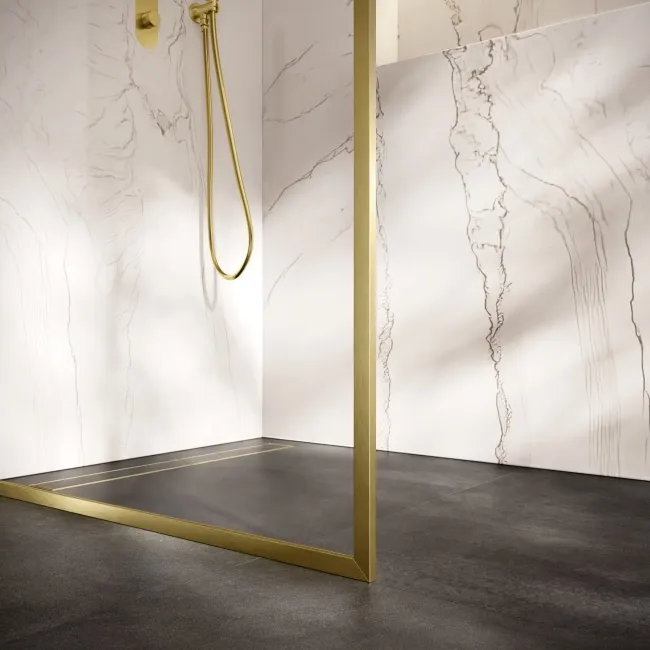 Antwerp Brushed Brass Framed Easy Clean 8mm Wet Room Shower Glass Panel 1000mm