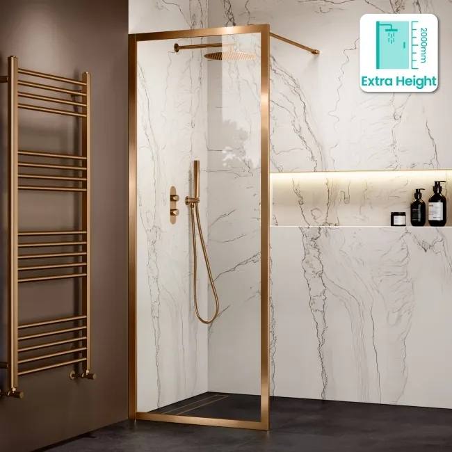 Antwerp Brushed Copper Framed Easy Clean 8mm Wet Room Shower Glass Panel 800mm