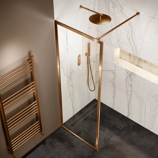 Antwerp Brushed Copper Framed Easy Clean 8mm Wet Room Shower Glass Panel 800mm