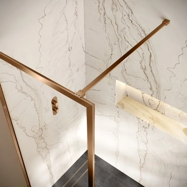 Antwerp Brushed Copper Framed Easy Clean 8mm Wet Room Shower Glass Panel 800mm
