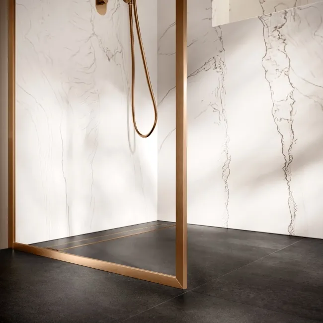 Antwerp Brushed Copper Framed Easy Clean 8mm Wet Room Shower Glass Panel 800mm