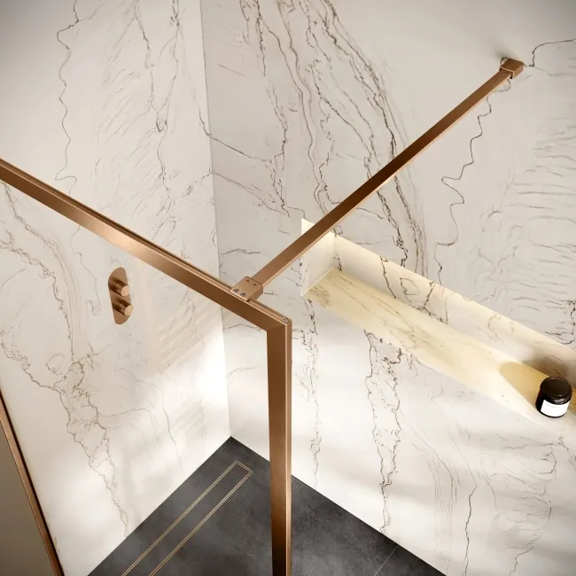 Antwerp Brushed Copper Framed Easy Clean 8mm Wet Room Shower Glass Panel 1000mm