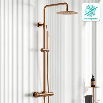 Suir Premium Brushed Copper Round Thermostatic Shower Set with Knurled Detailing