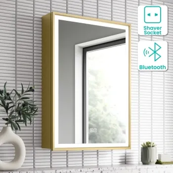 Mia Matt Brass Illuminated LED Mirror Cabinet With BLUETOOTH Speaker 710x500mm