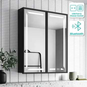 Mia Black Framed Illuminated LED Mirror Cabinet With BLUETOOTH Speaker & USB Port 710x600mm