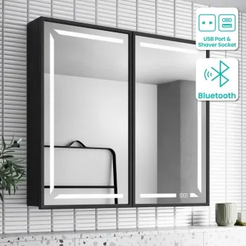 Mia Black Framed Illuminated LED Mirror Cabinet With BLUETOOTH Speaker&USB Port 710x800mm