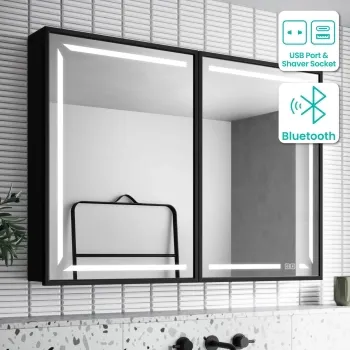 Mia Black Framed Illuminated LED Mirror Cabinet With BLUETOOTH Speaker & USB Port 710x1000mm