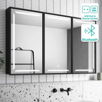 Mia Black Framed Illuminated LED Mirror Cabinet With BLUETOOTH Speaker & USB Port 710x1200mm