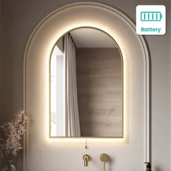 Maya Battery Powered Brushed Brass Arched Backlit Illuminated LED Mirror 750x500mm
