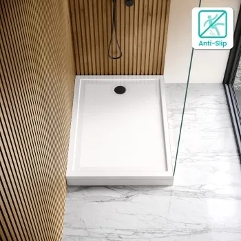 Doha Rectangular Gloss White Anti-Slip Stone Shower Tray 1200x700mm & Riser Kit