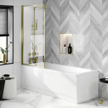 Hereford 1700x700 Square Shower Bath & 6mm Easy Clean Brushed Brass Framed Bath Screen