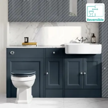 Monaco Inky Blue Combination Vanity Basin with Marble Top and Hudson Toilet with Wooden Seat 1500mm