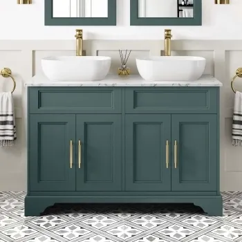 Lucia Midnight Green Double Vanity with Marble Top & Curved Counter Top Basin 1200mm - Brass Knurled Handles